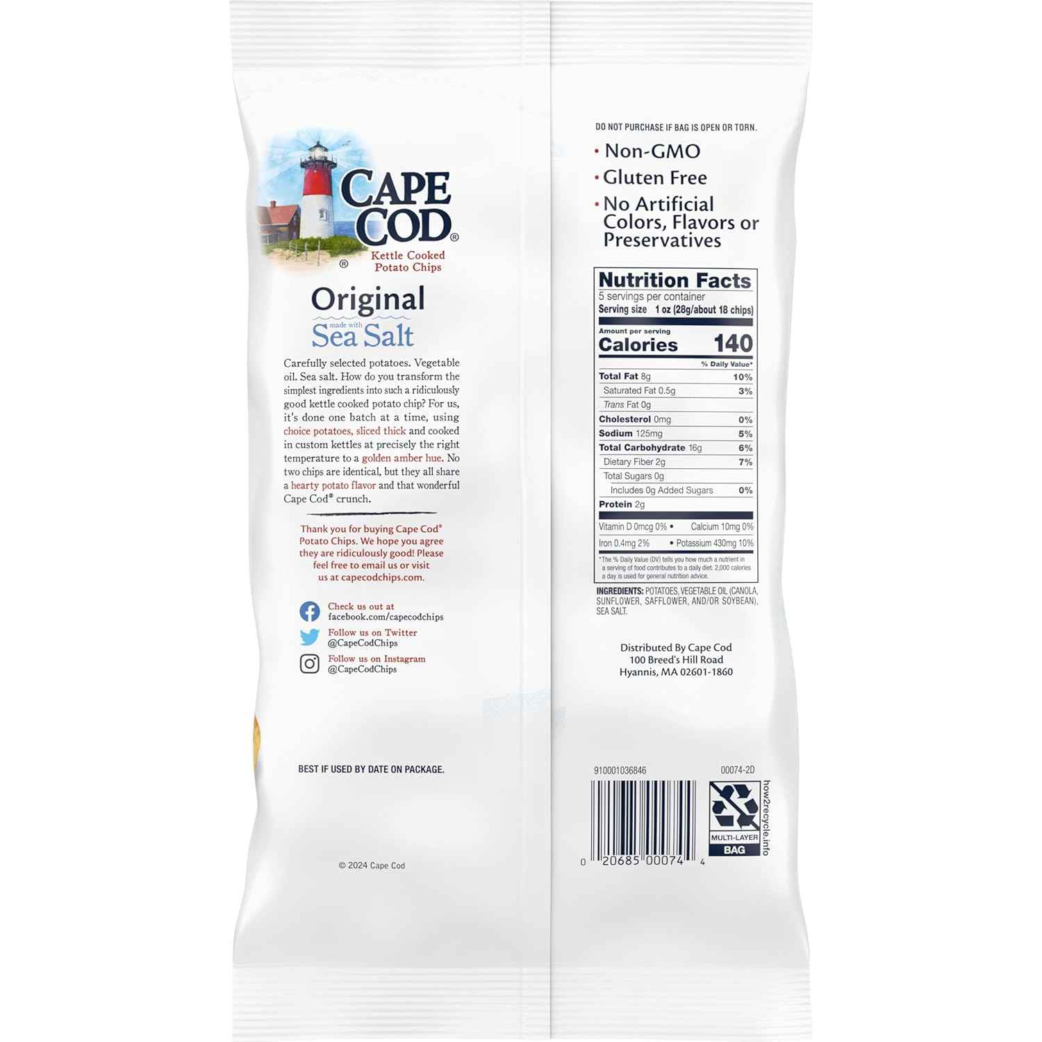 Cape Cod Kettle Cooked Original Sea Salt Chips 5oz – Non-GMO Gluten-Free Snack for Clean Eating Routines