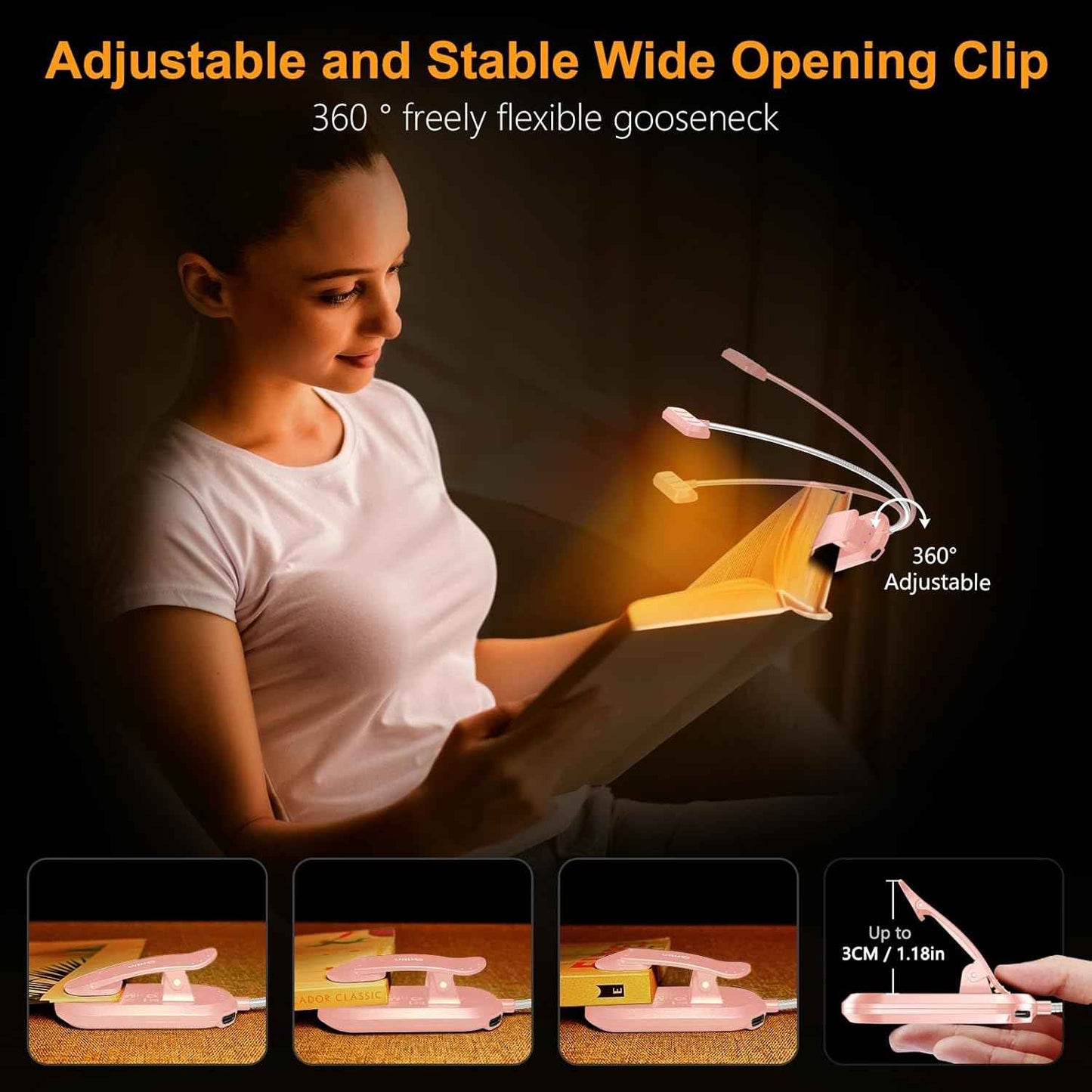 Gritin USB-C Rechargeable Book Light for Late-Night Studying – Focused 19 LED Beam on Dorm Desk, E-Reader, or Library Table