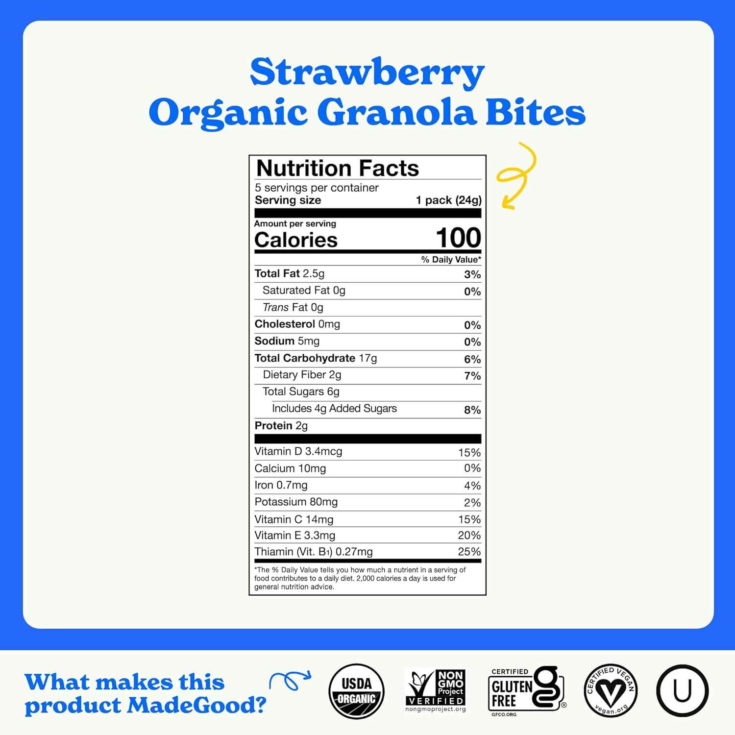 MadeGood Organic Strawberry Granola Bites – Nut-Free School Lunchbox Snack for Kids, 5 Individually Wrapped Pouches
