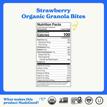 MadeGood Organic Strawberry Granola Bites – Nut-Free School Lunchbox Snack for Kids, 5 Individually Wrapped Pouches