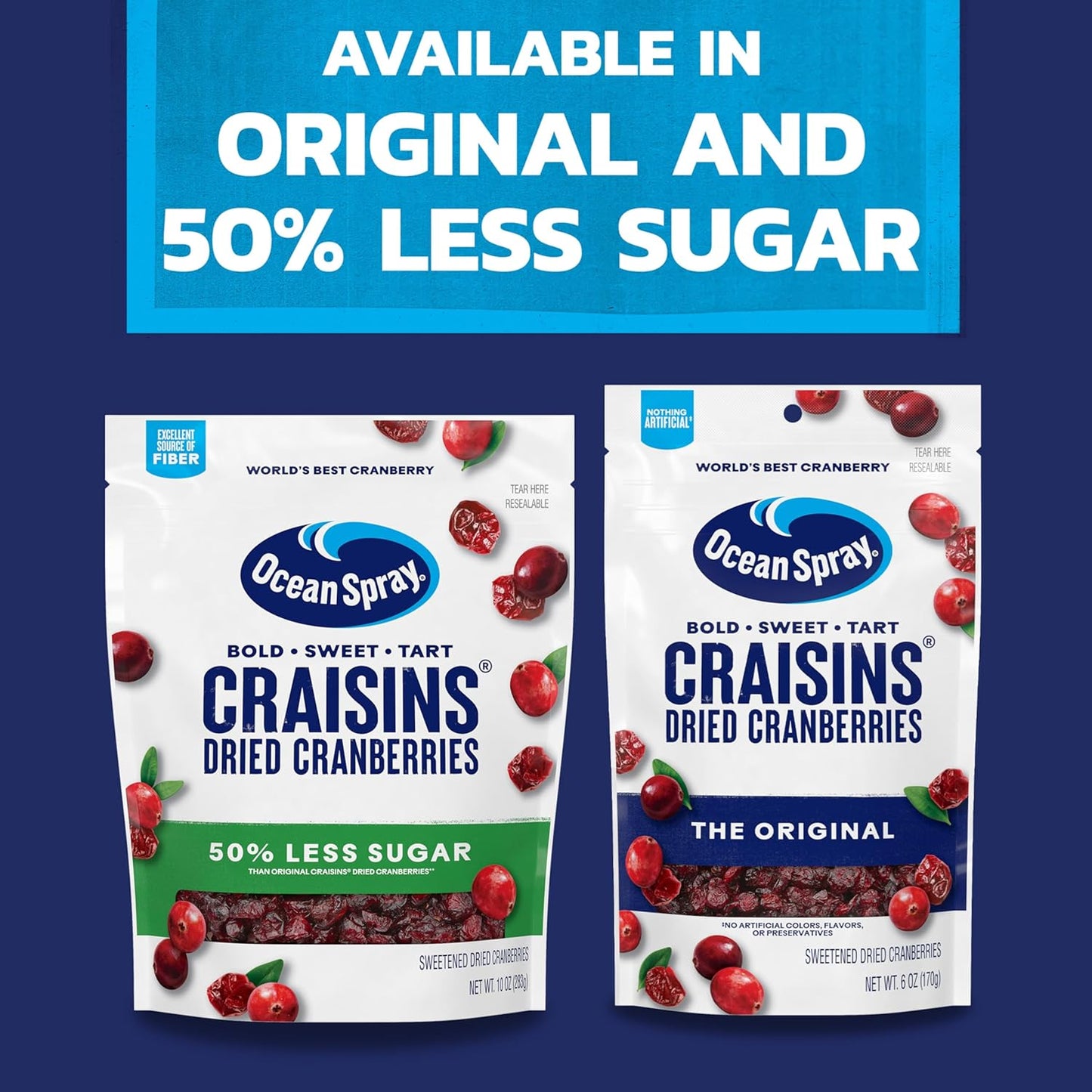 Ocean Spray Craisins 50% Less Sugar Dried Cranberries — Peanut Free Lunchbox Snack for School Safe After School Munching