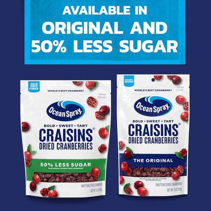 Ocean Spray Craisins 50% Less Sugar Dried Cranberries — Peanut Free Lunchbox Snack for School Safe After School Munching