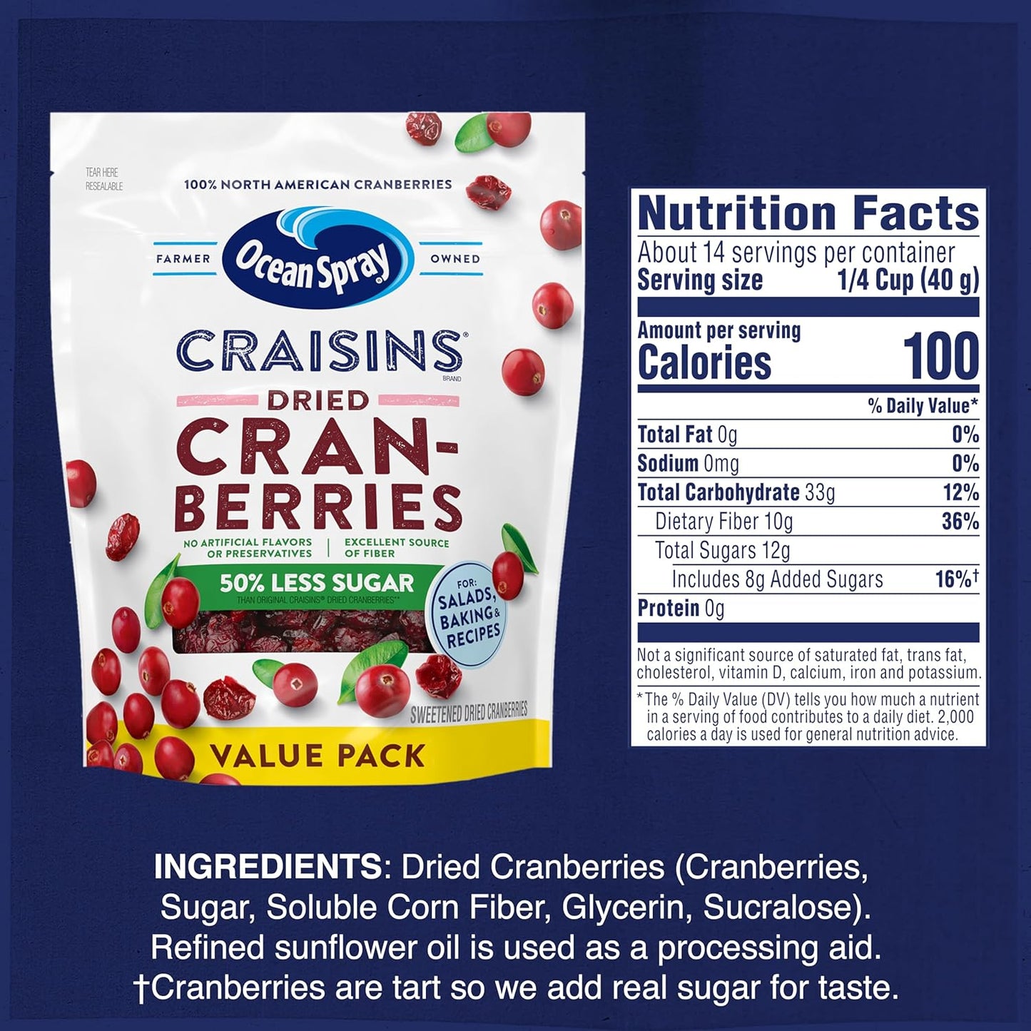 Ocean Spray Craisins 50% Less Sugar Dried Cranberries — Peanut Free Lunchbox Snack for School Safe After School Munching