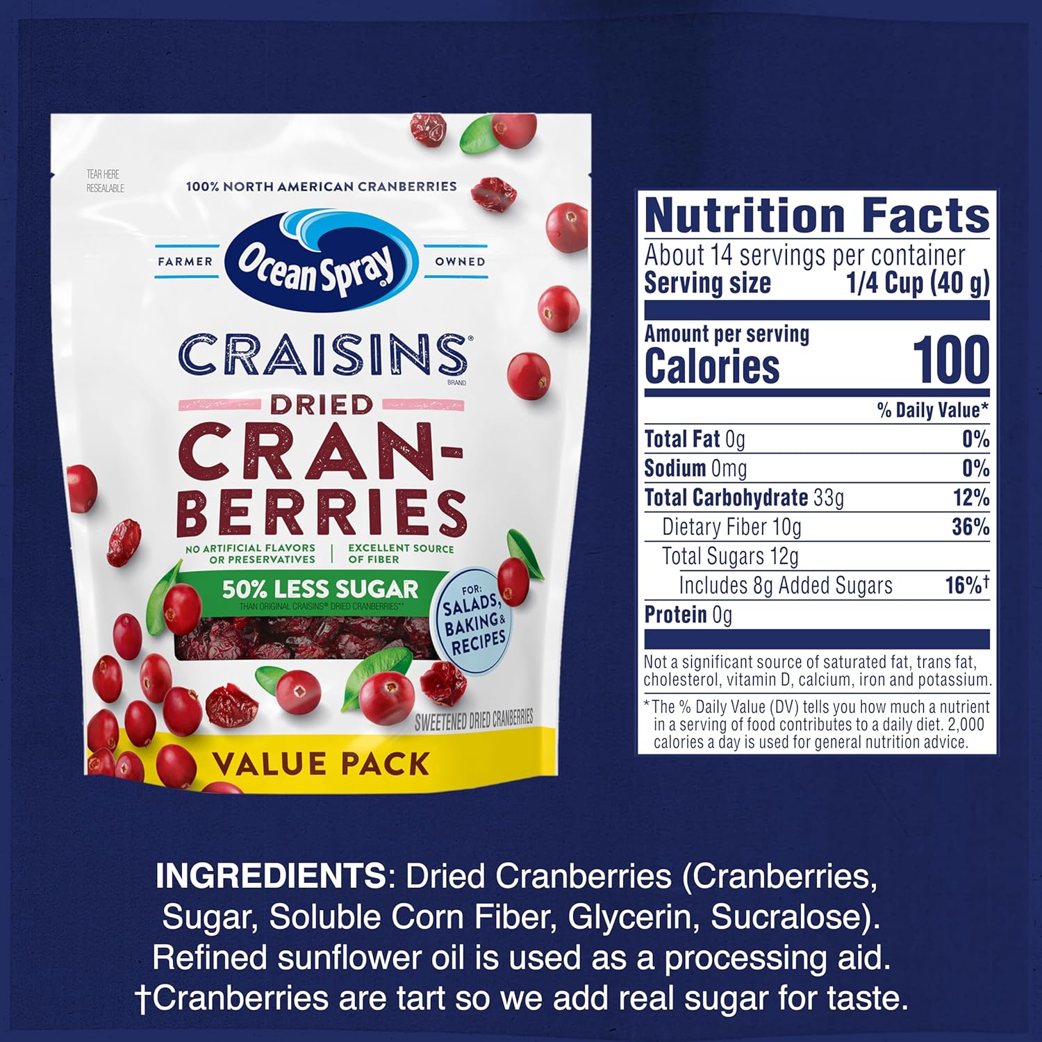 Ocean Spray Craisins 50% Less Sugar Dried Cranberries — Peanut Free Lunchbox Snack for School Safe After School Munching