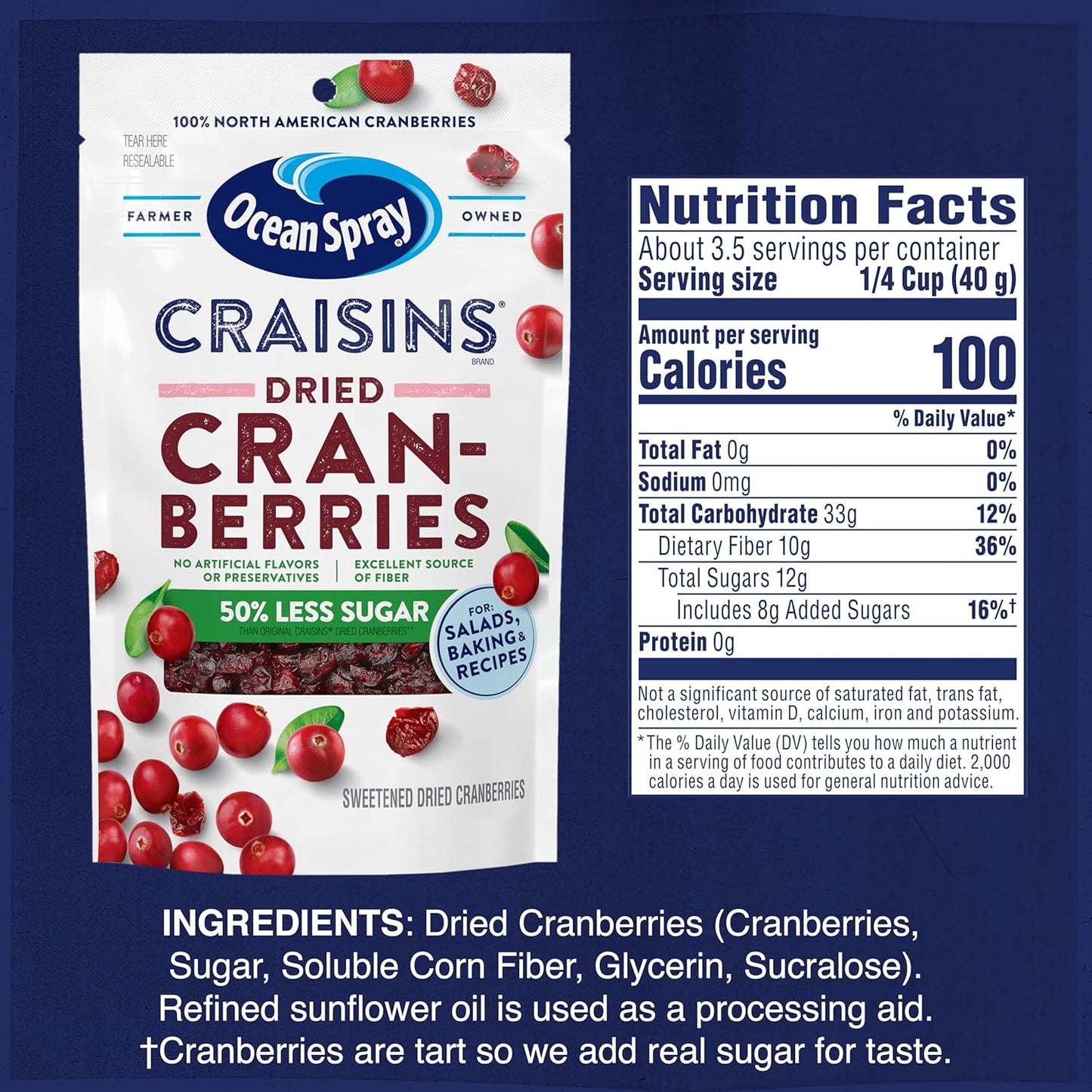 Ocean Spray Craisins 50% Less Sugar Dried Cranberries – Peanut-Free Lunchbox Snack for School, 5 oz Pouches, 12 Count