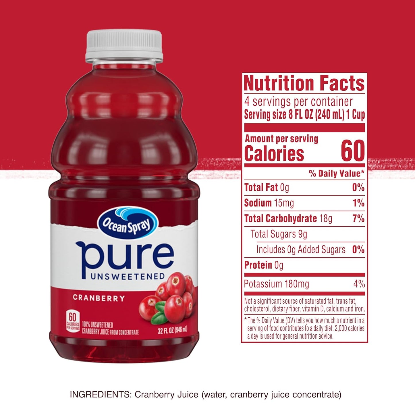 Ocean Spray® Pure Unsweetened Cranberry Juice – Office Desk Mixer for Focused Workdays, 32 Fl Oz Bottle