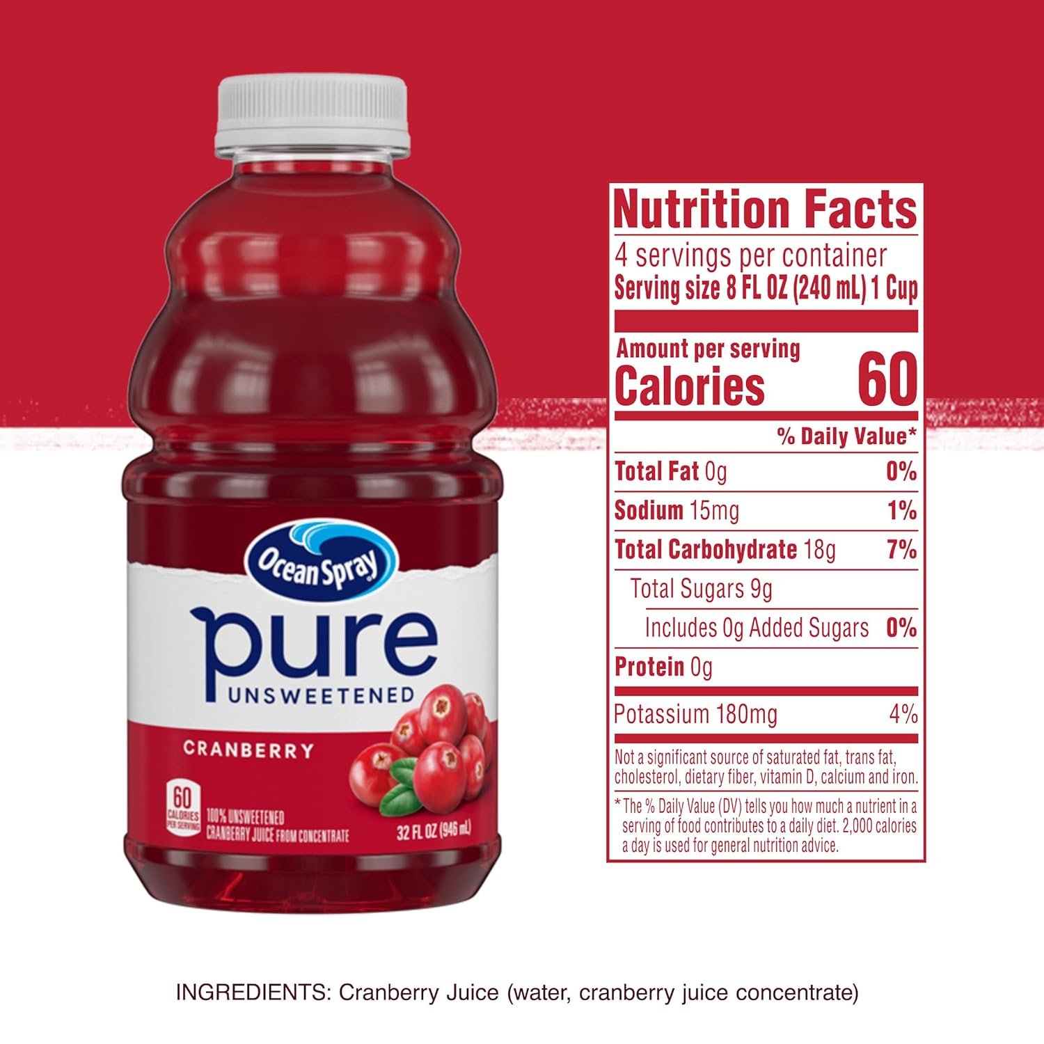 Ocean Spray® Pure Unsweetened Cranberry Juice – Office Desk Mixer for Focused Workdays, 32 Fl Oz Bottle