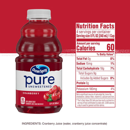 Ocean Spray® Pure Unsweetened Cranberry Juice – Office Desk Mixer for Focused Workdays, 32 Fl Oz Bottle