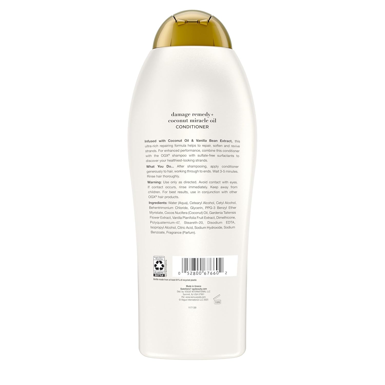 OGX Coconut Miracle Oil Conditioner – Tropical Coconut-Vanilla Scent for Sensory Showers