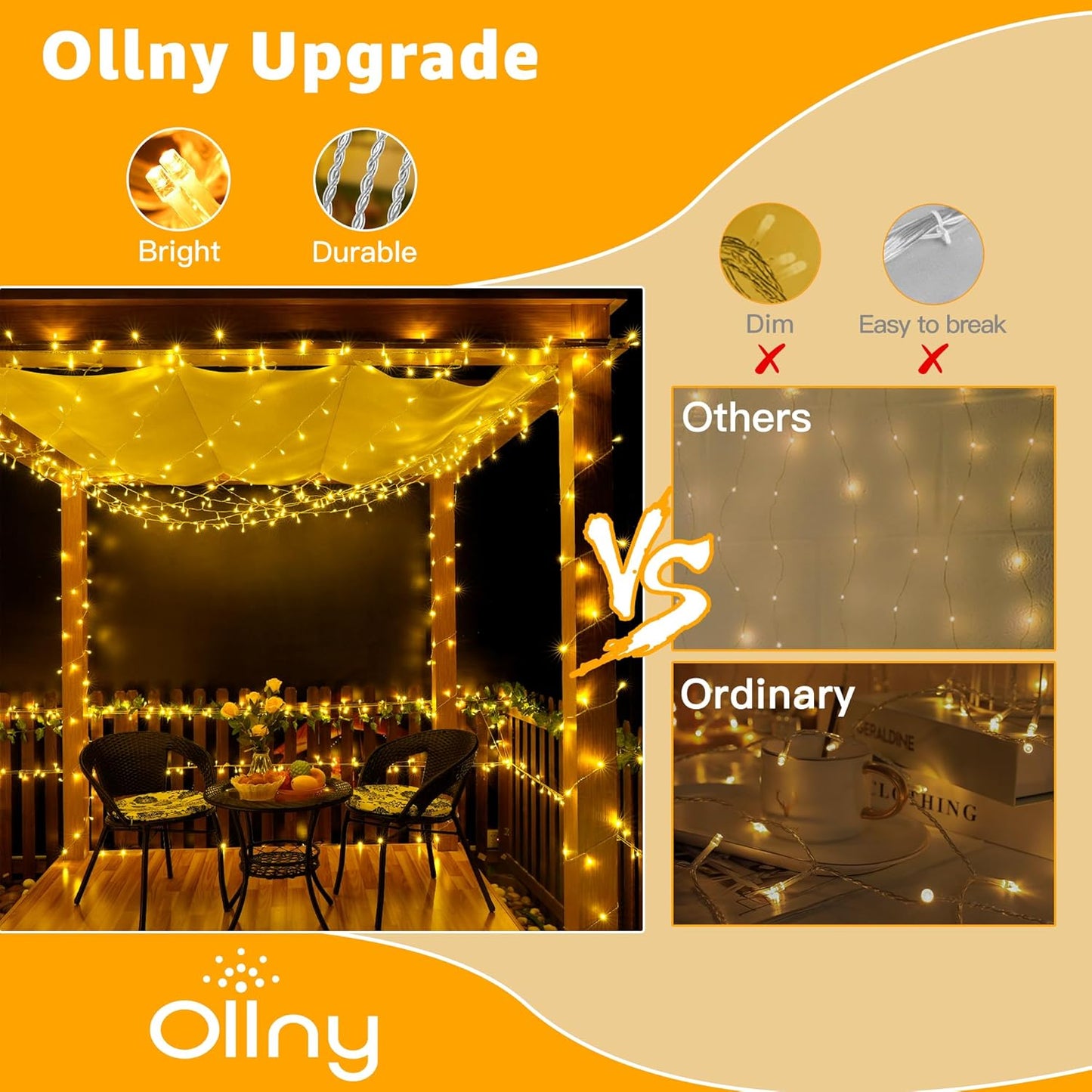 Ollny 120LED Fairy String Lights – Cozy Bedroom Aesthetic and Living Room Mood Decor with Warm White Glow