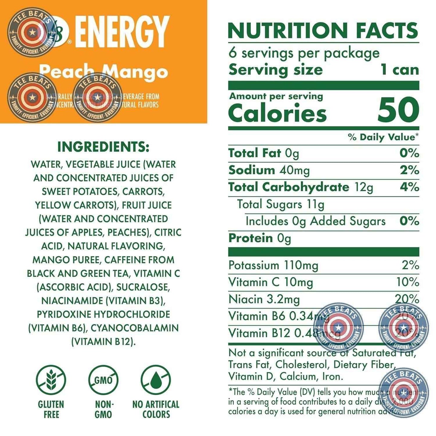 V8 +Energy Tea Based Energy Drink – Sustained Focus Companion for Corporate Desk and Grad School Library, No Sugar Crash 6 Pack
