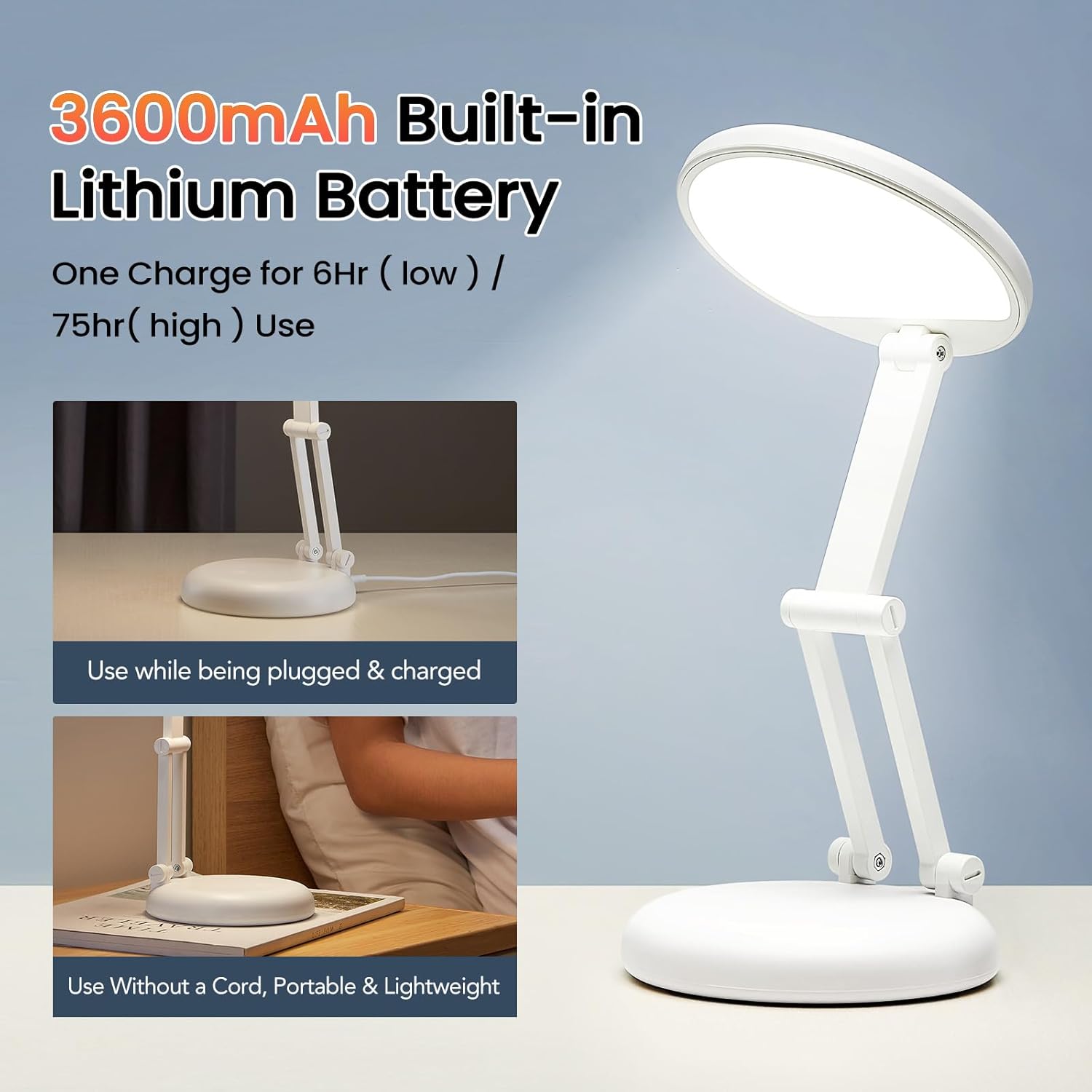 One Fire Cordless Desk Lamp – Minimalist Table Light for Clutter-Free Bedrooms, Folding 9-Step Dimmable Design