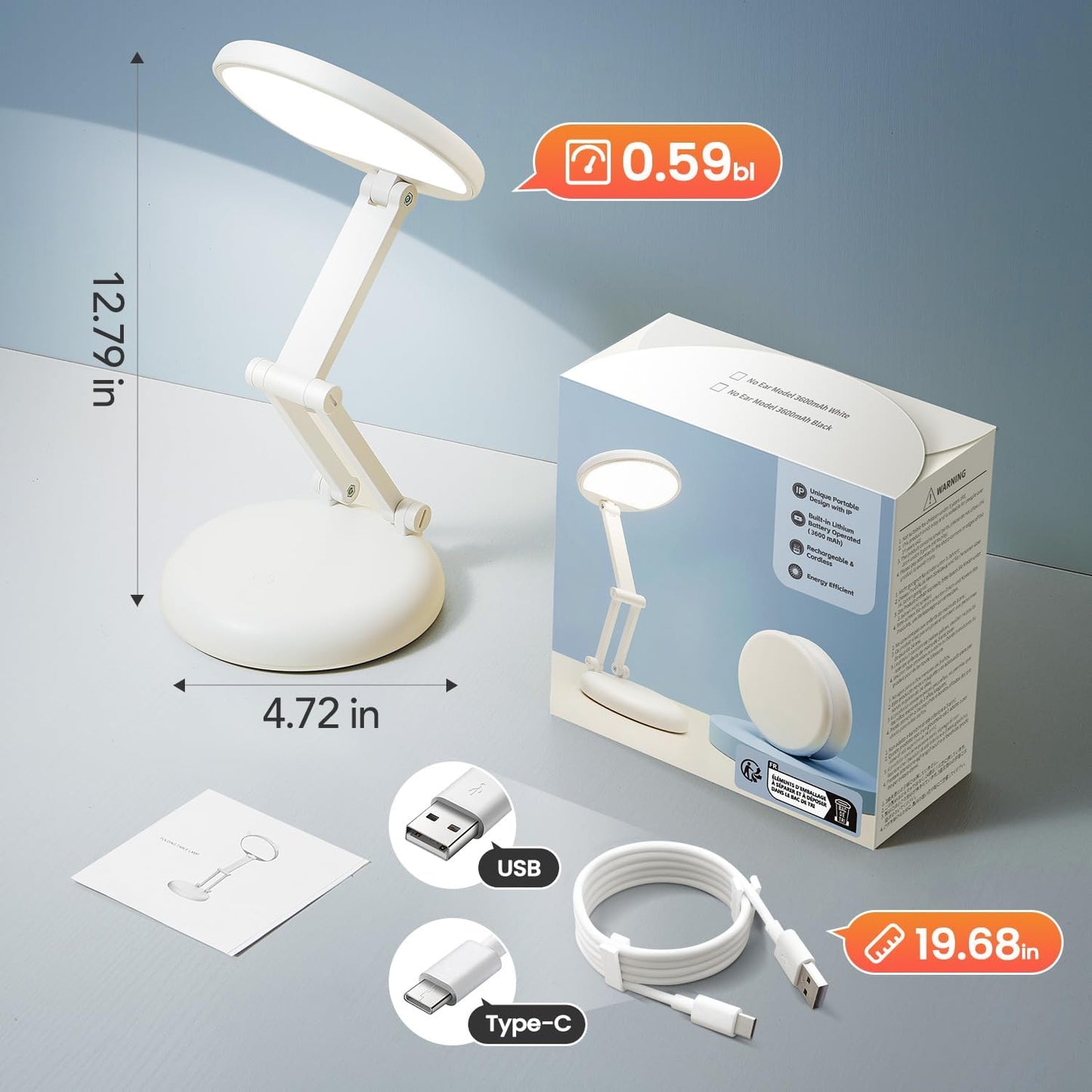 One Fire Cordless Desk Lamp – Minimalist Table Light for Clutter-Free Bedrooms, Folding 9-Step Dimmable Design