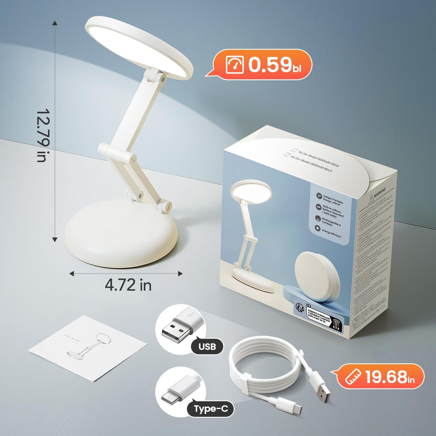 One Fire Cordless Desk Lamp – Minimalist Table Light for Clutter-Free Bedrooms, Folding 9-Step Dimmable Design