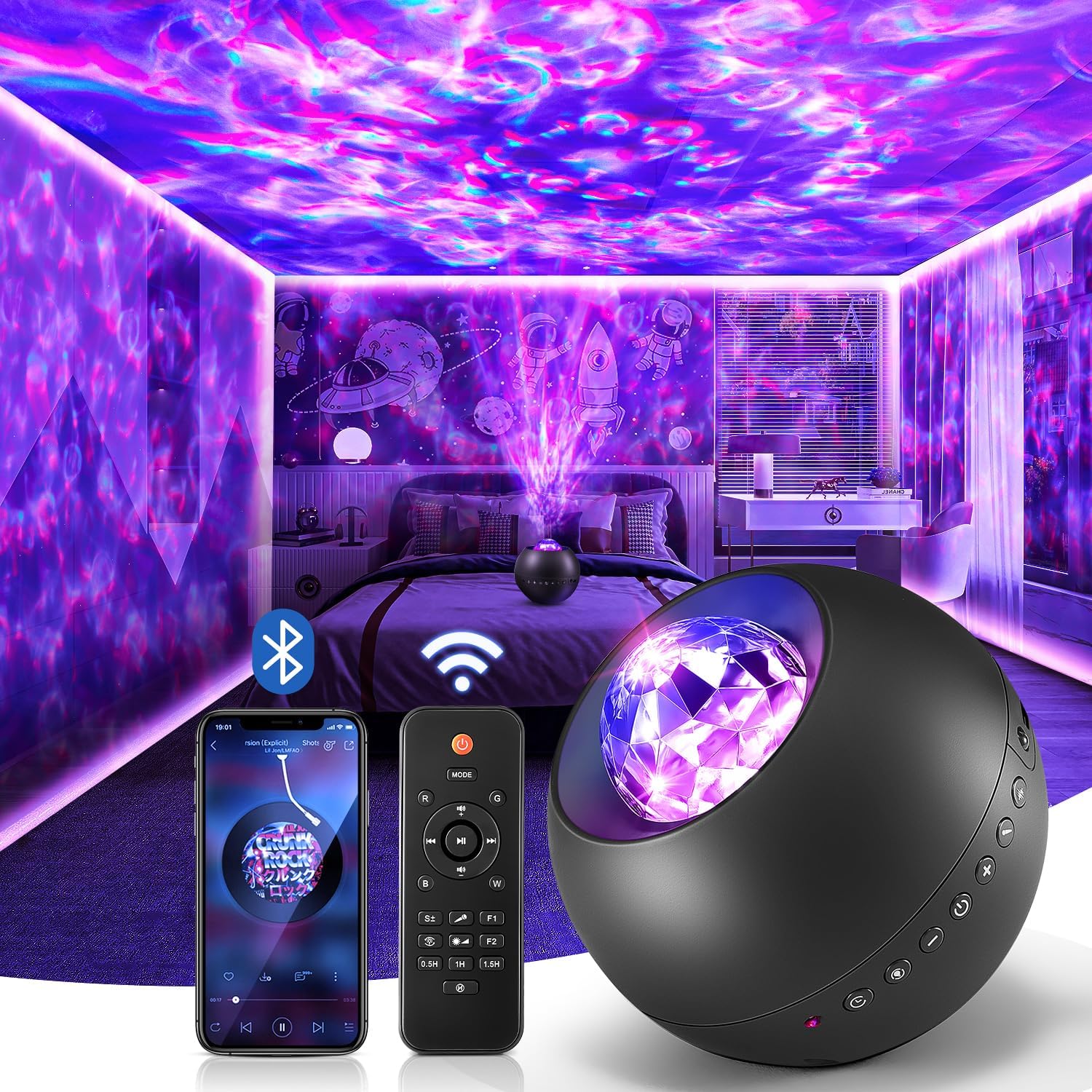 One Fire Galaxy Projector Star Night Light – Thoughtful Birthday Gift for Her with White Noise Sounds and Bluetooth Music for Bedroom Relaxation