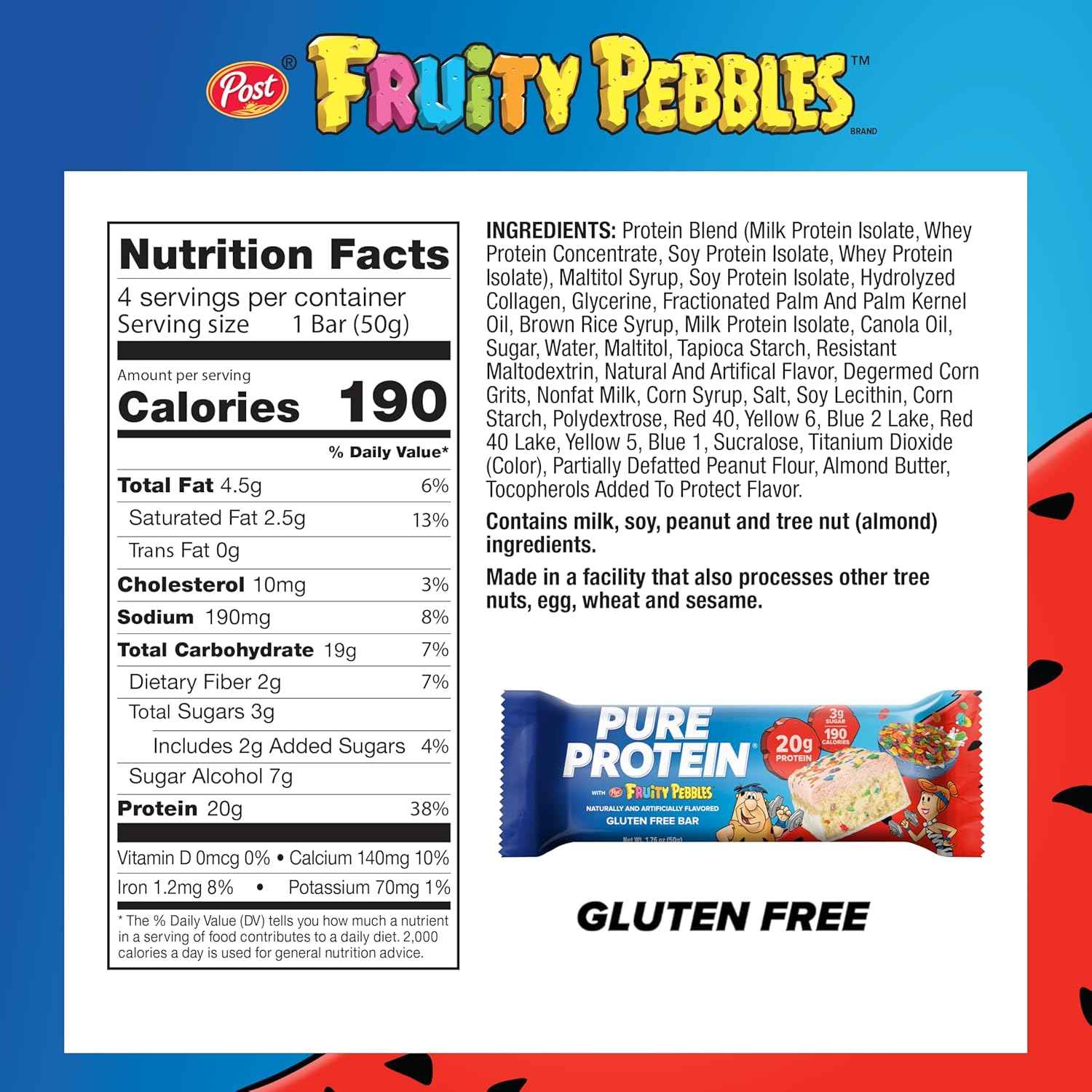 Pure Protein Fruity PEBBLES™ Protein Bar – Lunchbox-Friendly Snack Kids Love, 20g Protein, 3g Sugar