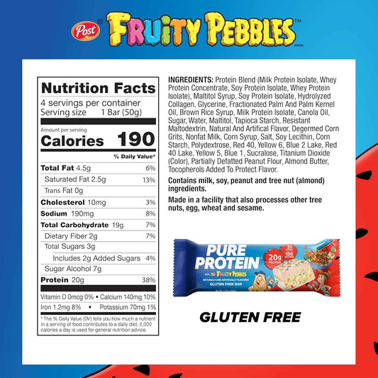 Pure Protein Fruity PEBBLES™ Protein Bar – Lunchbox-Friendly Snack Kids Love, 20g Protein, 3g Sugar