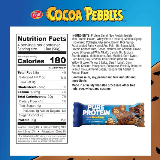 Pure Protein Cocoa PEBBLES Protein Bars – Nutritious Lunchbox Snack for School and Soccer Practice