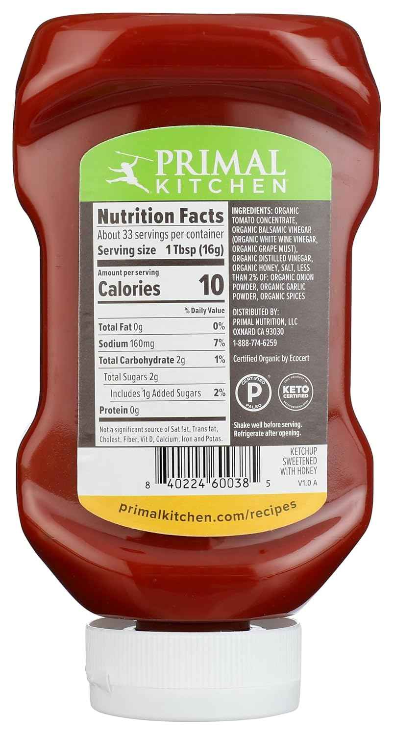 Primal Kitchen Clean Label Organic Ketchup for Wellness Pantries, Honey-Sweetened 18.5 oz Squeeze Bottle