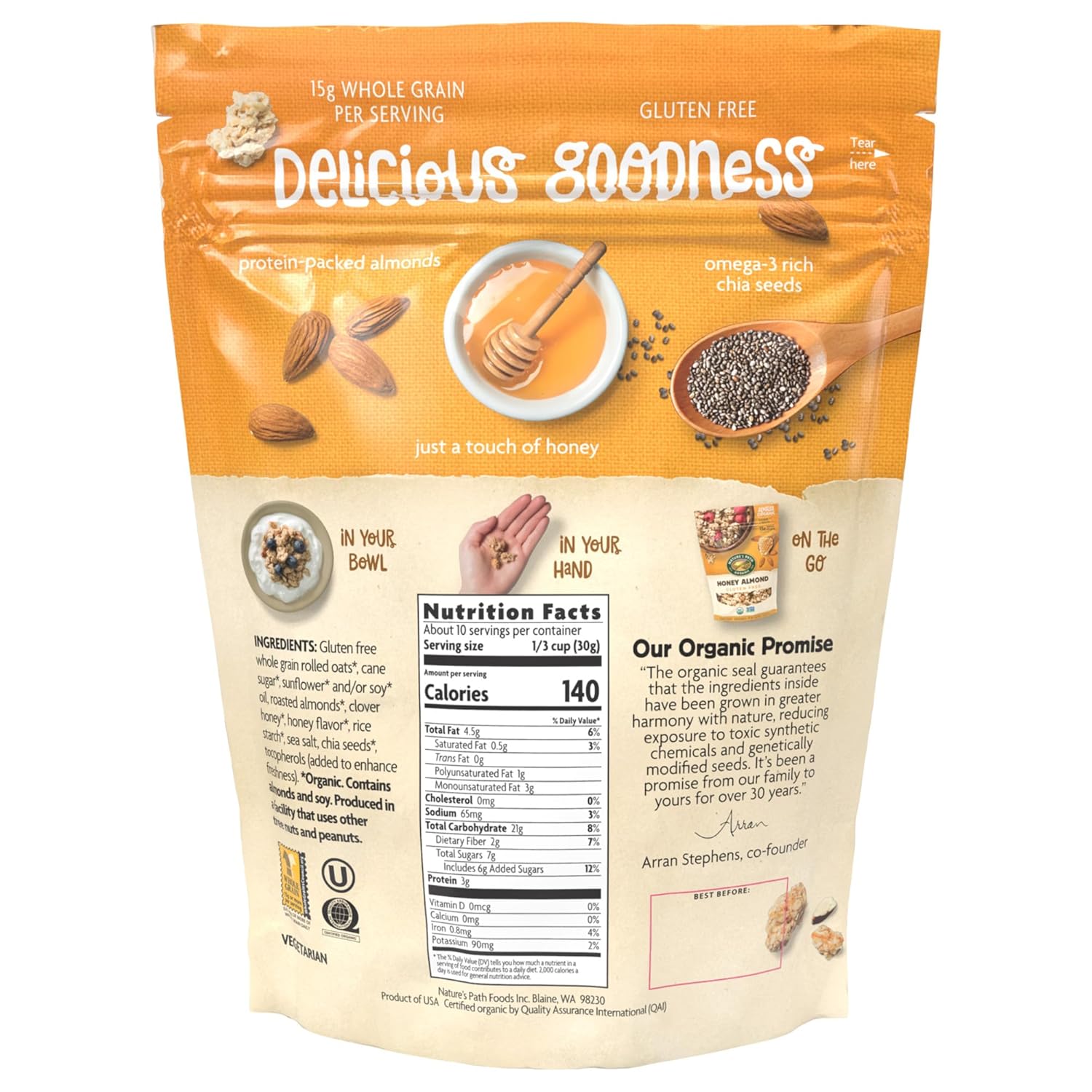 organic whole grain base providing 15g whole grains per serving