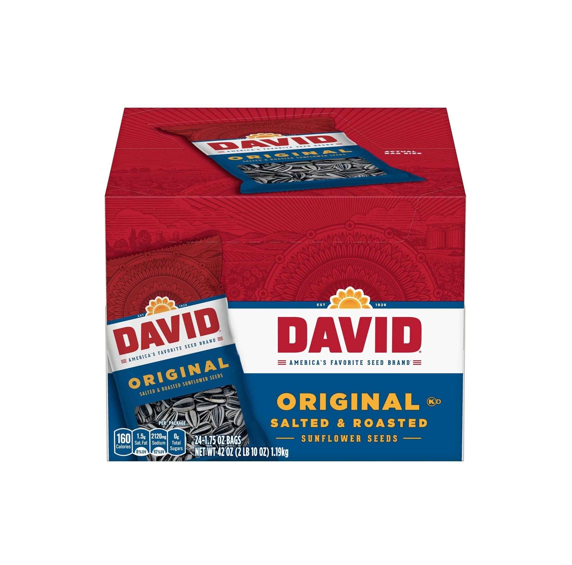 DAVID Roasted Sunflower Seeds – Mindful Snacking with Vitamin E and Antioxidants, Original Flavor, 24 Pack of 1.75oz