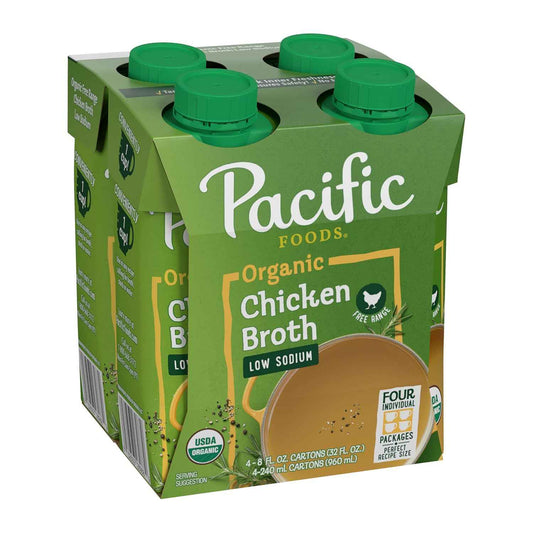 Pacific Foods Low Sodium Chicken Broth – Single-Ingredient Style Pantry Essential for Intentional Kitchens, 8 oz (4 Pack)
