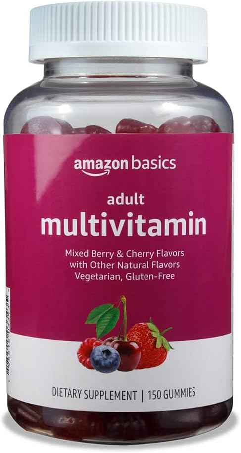 Amazon Basics Mixed Berry & Cherry Adult Multivitamin Gummies – 150 Ct, 75-Day Housewarming Gift for the New Home Supplement Shelf