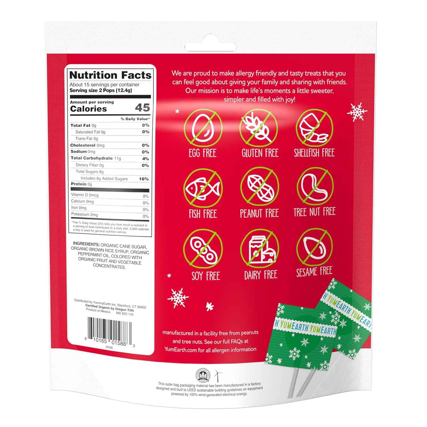 YumEarth Organic Candy Cane Lollipops - Clean Label Holiday Treat for Wellness Lifestyle, Non GMO Peppermint Candy, 30 Count