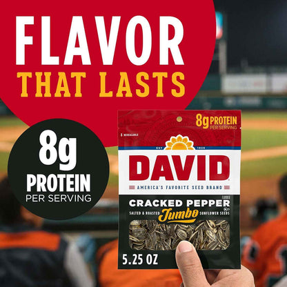 DAVID Jumbo Sunflower Seeds Cracked Pepper – Office Desk Snack to Curb Afternoon Hunger and Stay Focused, 5.25 oz Bag