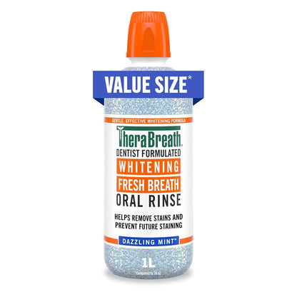 TheraBreath Whitening Mouthwash Dazzling Mint – Nightly Self-Care Rinse for Stain-Free Smiles, 1 Liter