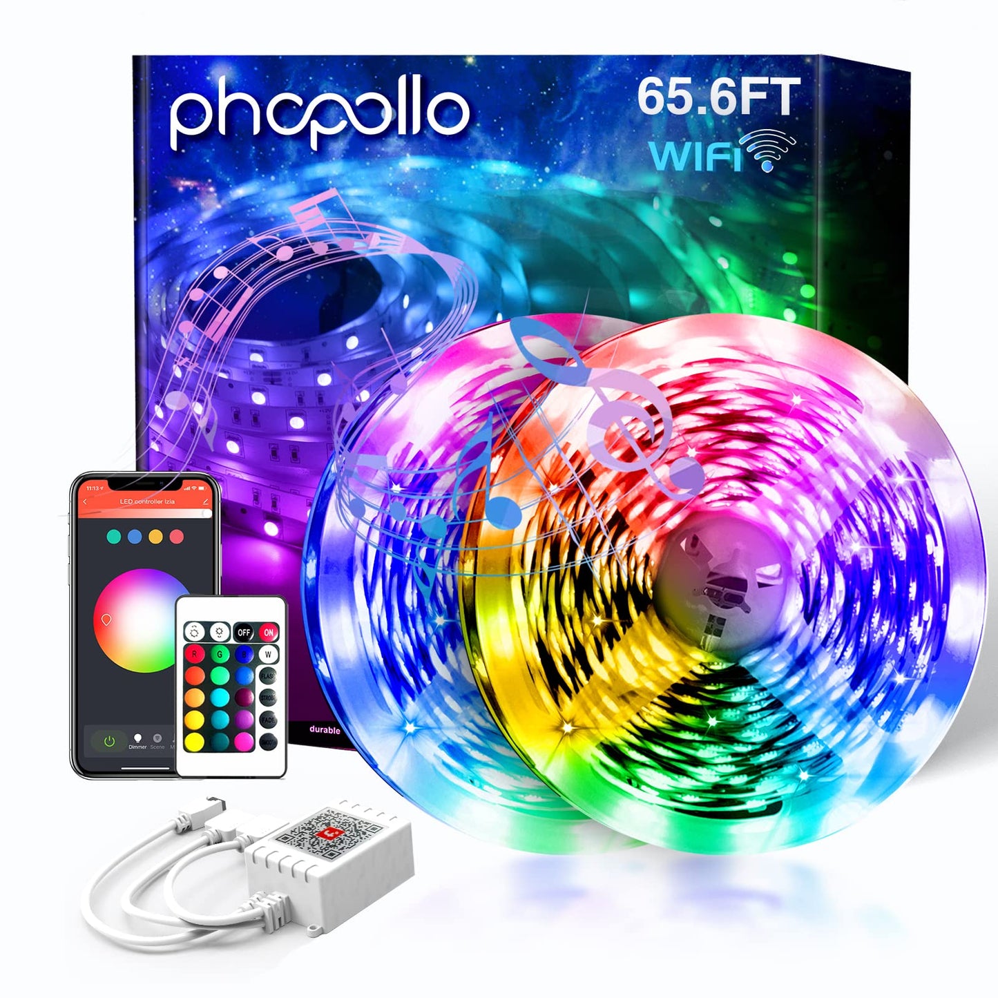 phopollo 65.6 ft WiFi LED Strip Light, Smart LED Strip Light Compatible with Alexa and Google Home, app &amp;amp; Remote Control &amp;amp; Voice Control Music Synchronized Color Change, for Bedroom Party, Kitchen
