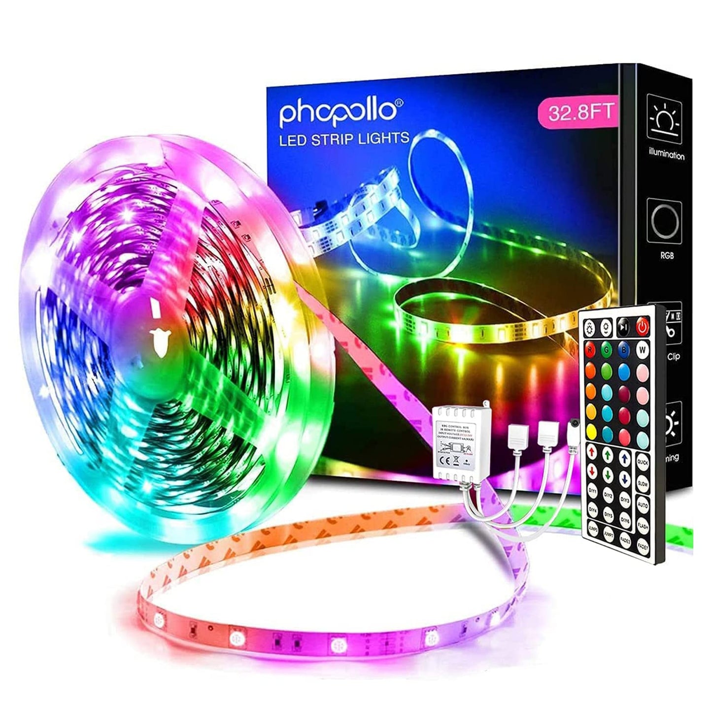 phopollo Led Lights 32.8ft Long Led Strip Lights for Bedroom Color Changing Luces Led para Decoracion Habitacion RGB DIY Color Option with Power Supply and Remote