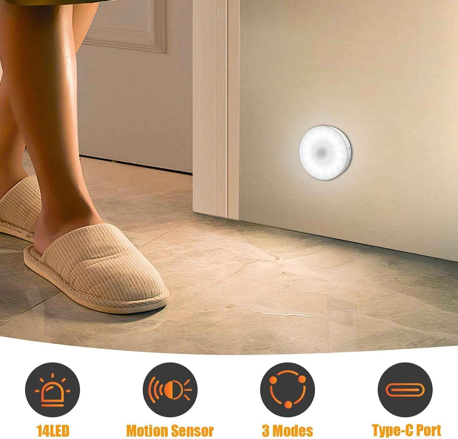 LuminBeam Round Motion Light – Clean Modern Wireless Night Light for Clutter-Free Homes, Rechargeable
