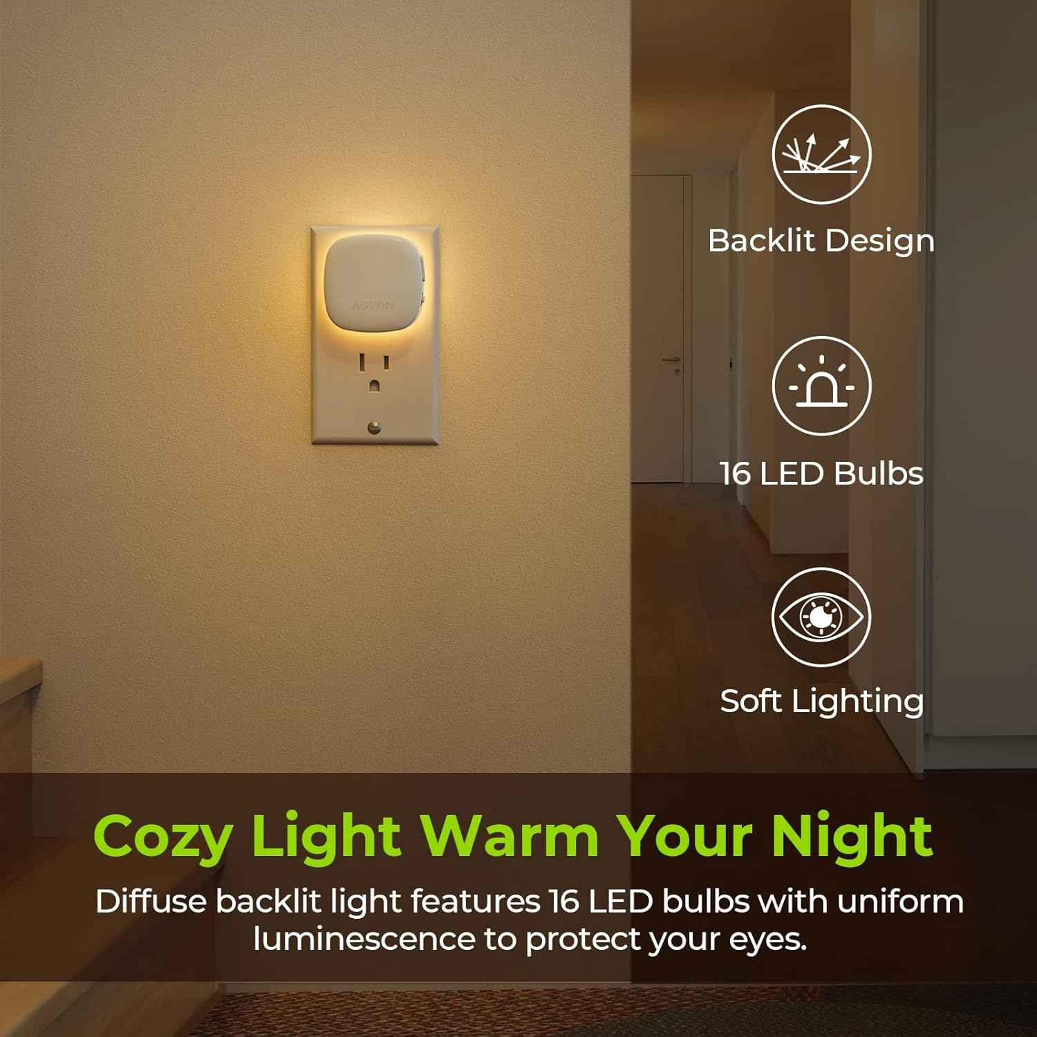AUVON Plug-in Backlit Night Light with Stepless Dimming – Calming Amber Glow for Bedtime Routine and Wind-Down Ritual