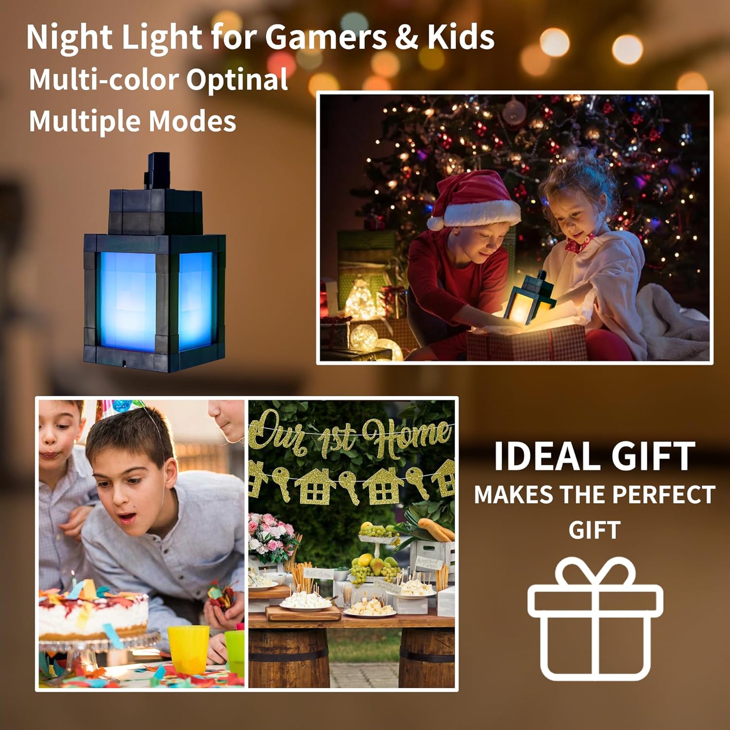 Pixelated Lantern Night Light - Cool Birthday Gift for Teen Boys, 16 Colors Gamer Room Accent Lamp with Remote