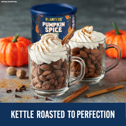 PLANTERS Fall Edition Pumpkin Spice Almonds 15.25 oz Canister – Cozy Self-Care Evening Snack for Mindful Wind-Down Routines, Plant-Based Protein Treat for Relaxing at Home