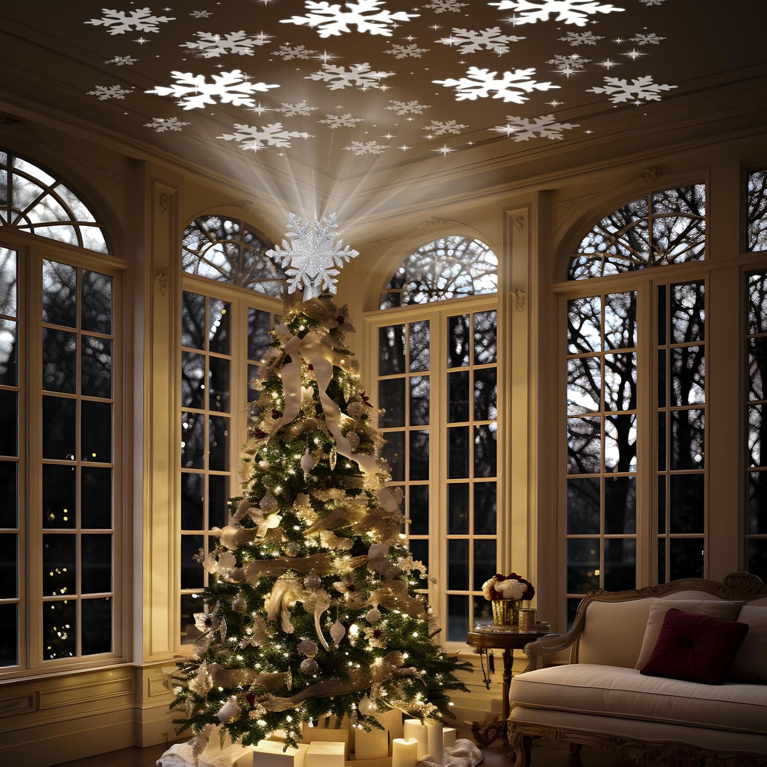 PliMook LED Christmas Tree Topper Projector, 6 Glitter Slides in Gift-Ready Style, Heartfelt Holiday Surprise for Her and Him, Silver