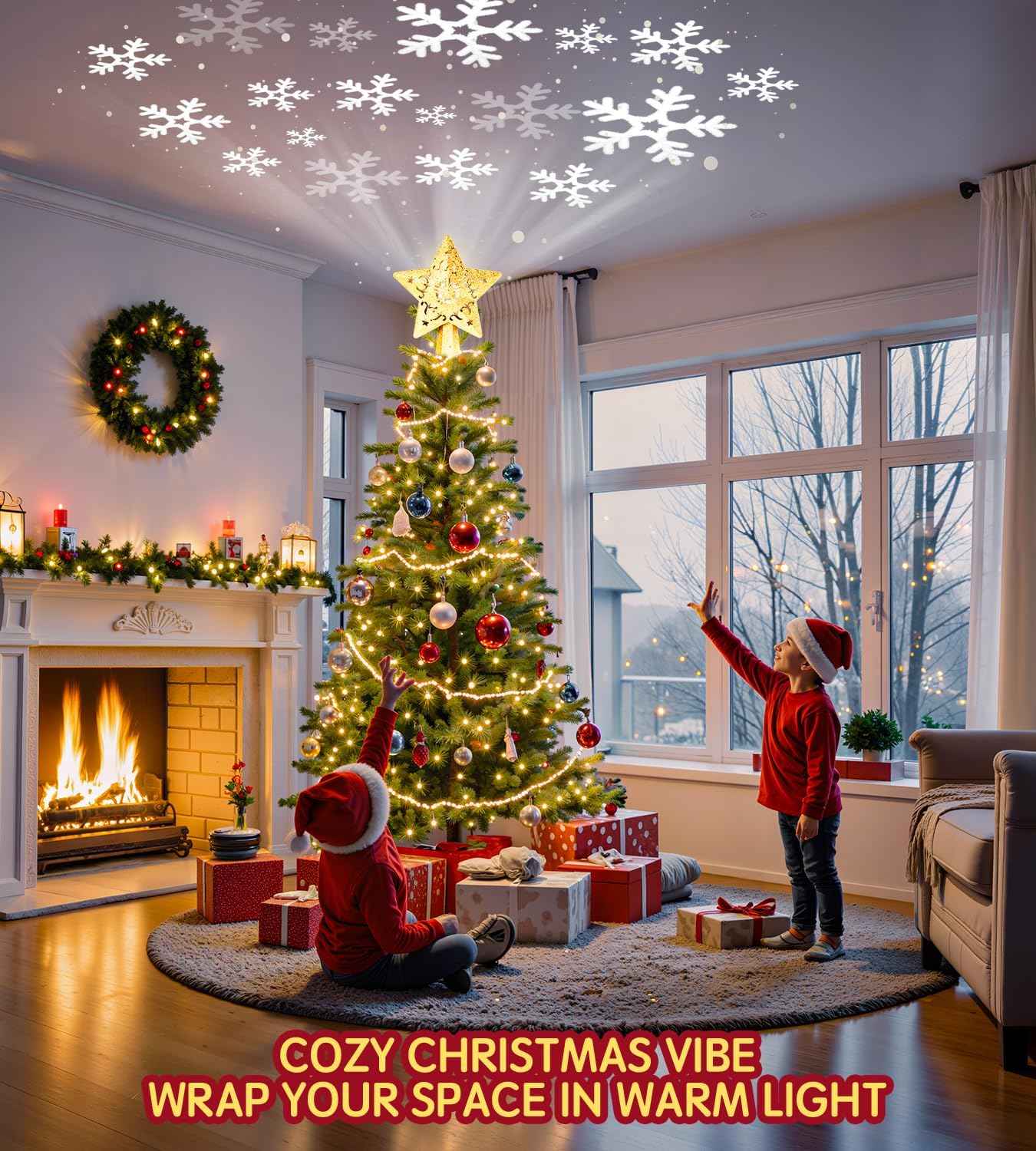 Holidayx Pentagram Tree Topper – Cozy Bedroom Accent Piece, Silver Star with Wall and Ceiling Snowflake Glow