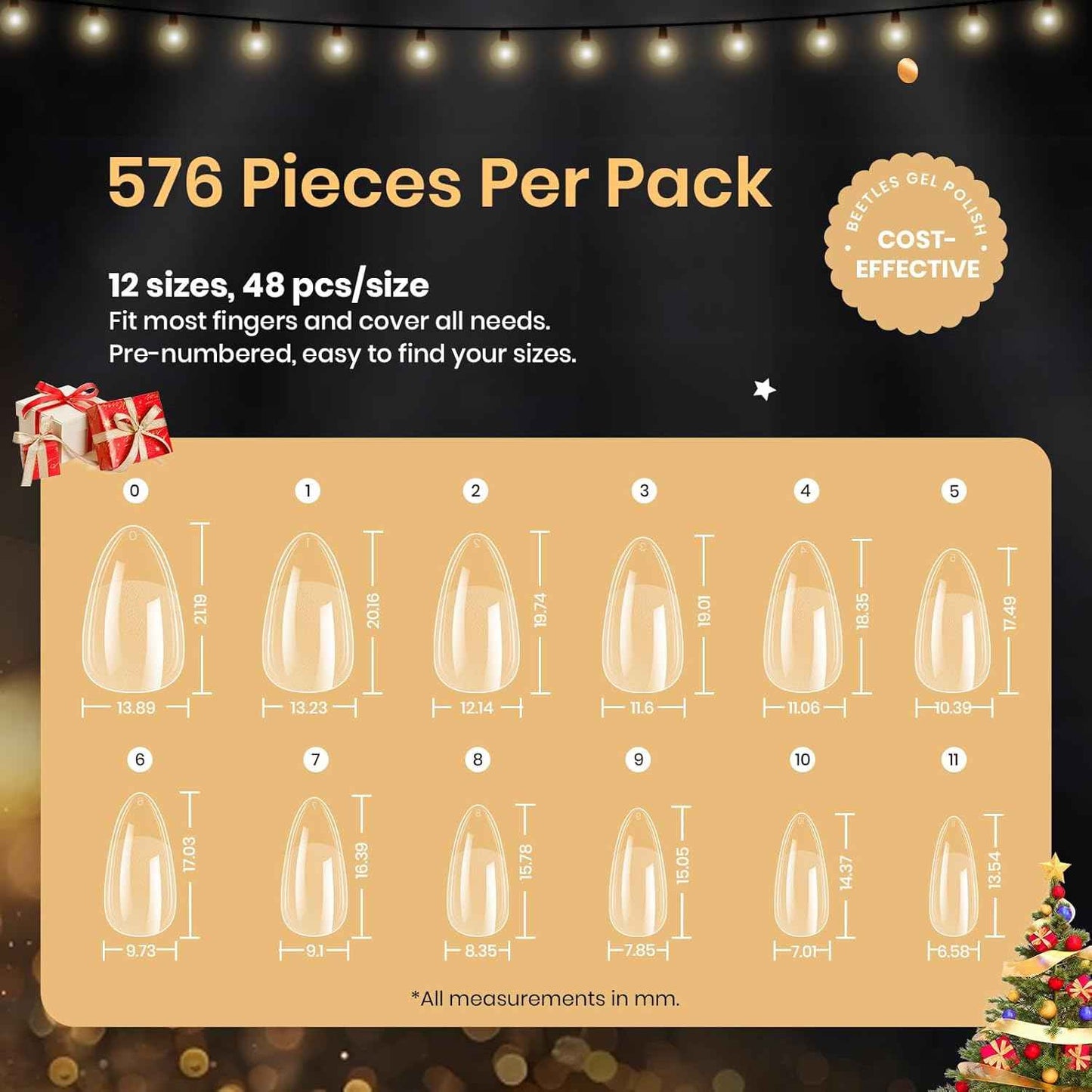 Beetles Gel Nail Tips 576Pcs Pre-shape Short Almond Etch-X Nail Tips – Clean Half-Matte Press-On Nails, 12 Sizes for an Uncluttered Nail Station