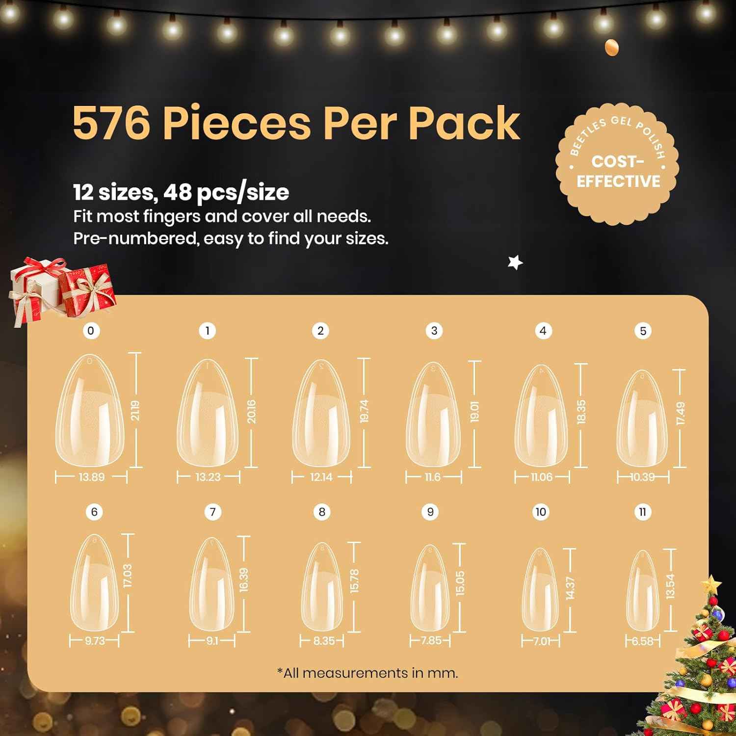 Beetles Gel Nail Tips 576Pcs Pre-shape Short Almond Etch-X Nail Tips – Clean Half-Matte Press-On Nails, 12 Sizes for an Uncluttered Nail Station
