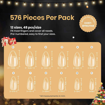 Beetles Gel Nail Tips 576Pcs Pre-shape Short Almond Etch-X Nail Tips – Clean Half-Matte Press-On Nails, 12 Sizes for an Uncluttered Nail Station