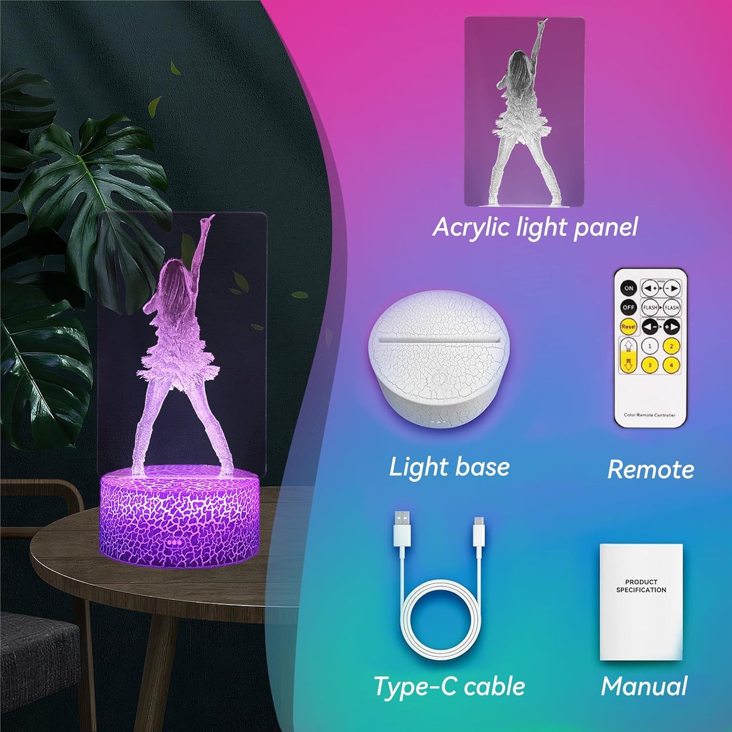 Pop Star Acrylic Plate Light – Modern Bedroom Accent Lamp, 16 Color Ambient Mood Lighting