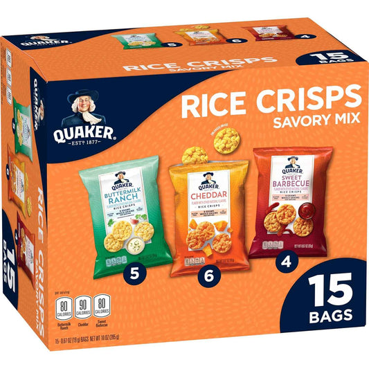 Quaker Rice Crisps Sweet and Savory Variety Mix - Lower Sodium Macro-Friendly Snacks for Mindful Eating and Portion Control, 15 Single-Serve Bags