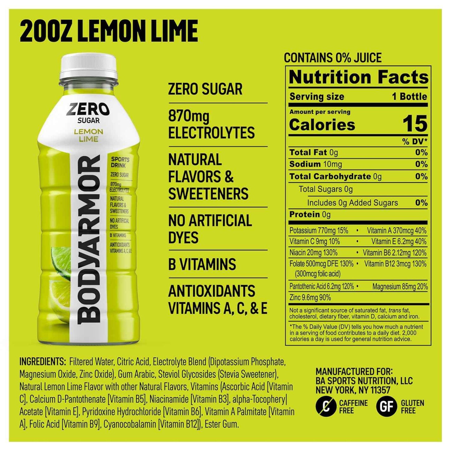 BODYARMOR ZERO Sugar Lemon Lime – Clean-Label Electrolyte Drink for an Uncluttered Wellness Fridge