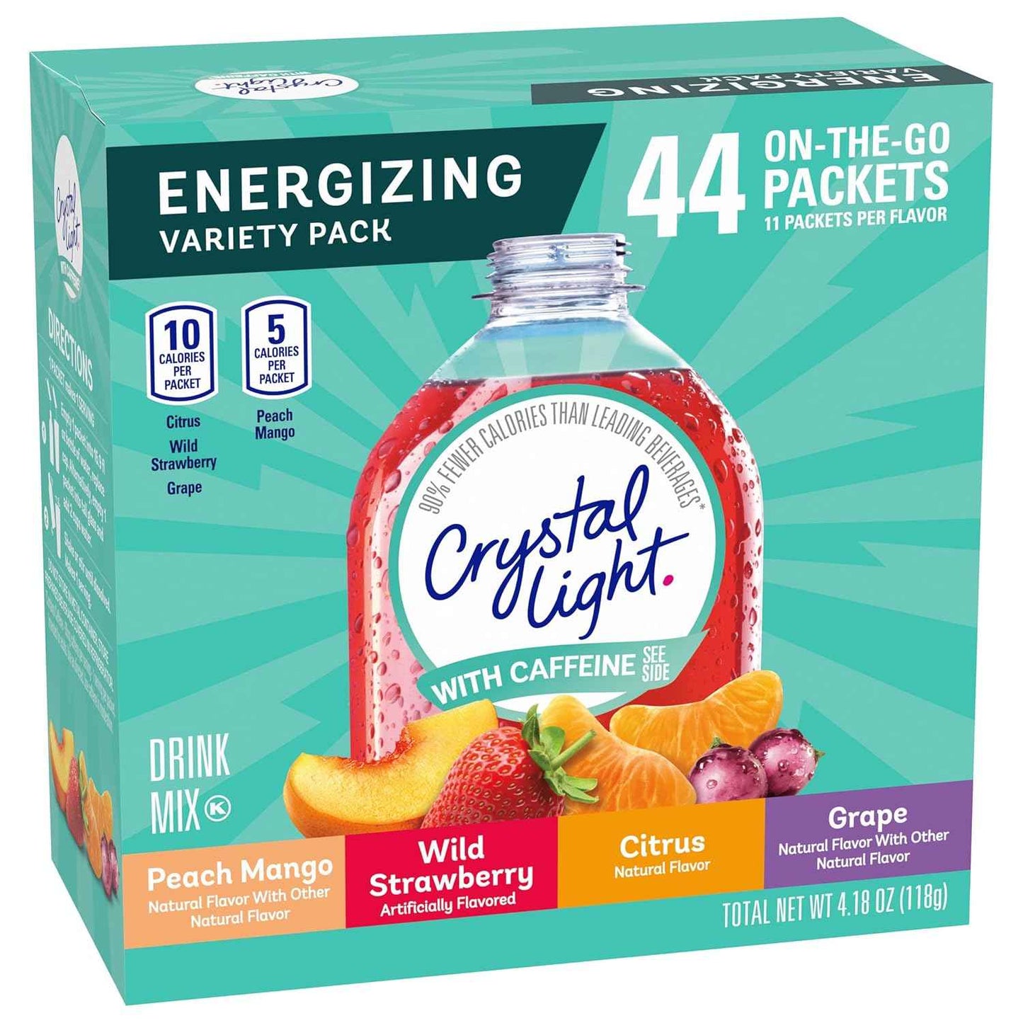 Crystal Light Energizing Powdered Drink Mix – Travel Hydration with 60mg Caffeine for Long Flights and Layovers, 44 Packets