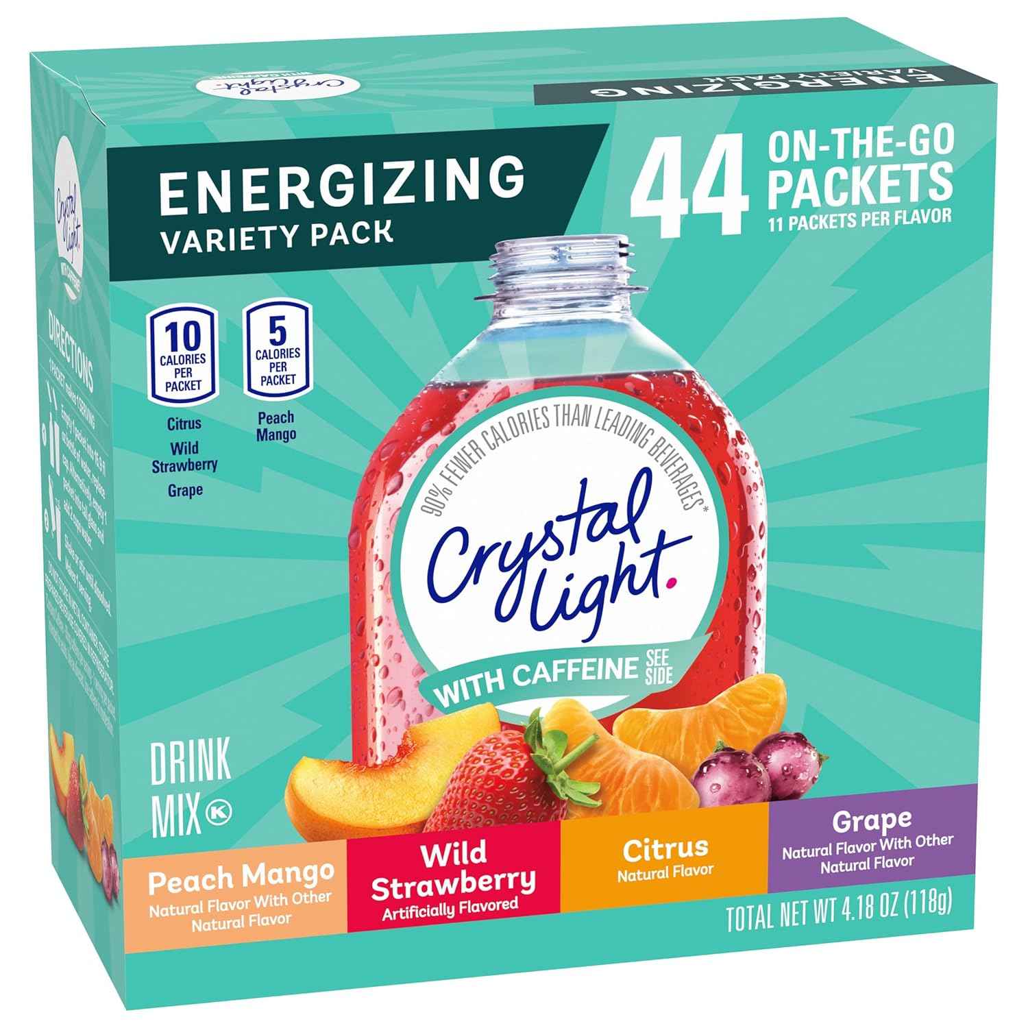 Crystal Light Energizing Powdered Drink Mix – Travel Hydration with 60mg Caffeine for Long Flights and Layovers, 44 Packets