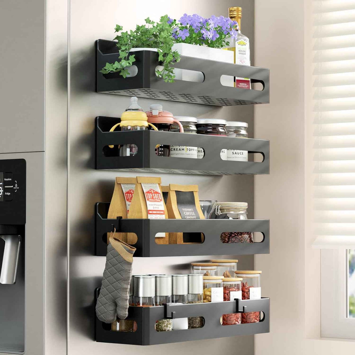 4 Pack Magnetic Spice Rack for Refrigerator – At-a-Glance Spice Storage for Faster Home Cooking, Fridge Door Organizer