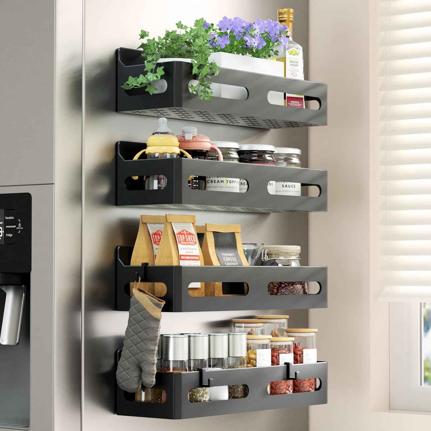 4 Pack Magnetic Spice Rack for Refrigerator – At-a-Glance Spice Storage for Faster Home Cooking, Fridge Door Organizer