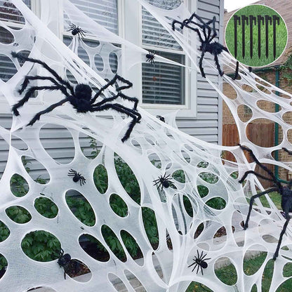 Heavy Duty Spider Web Halloween Decoration – Weatherproof Yard and Porch Spiderwebs with Ground Stakes
