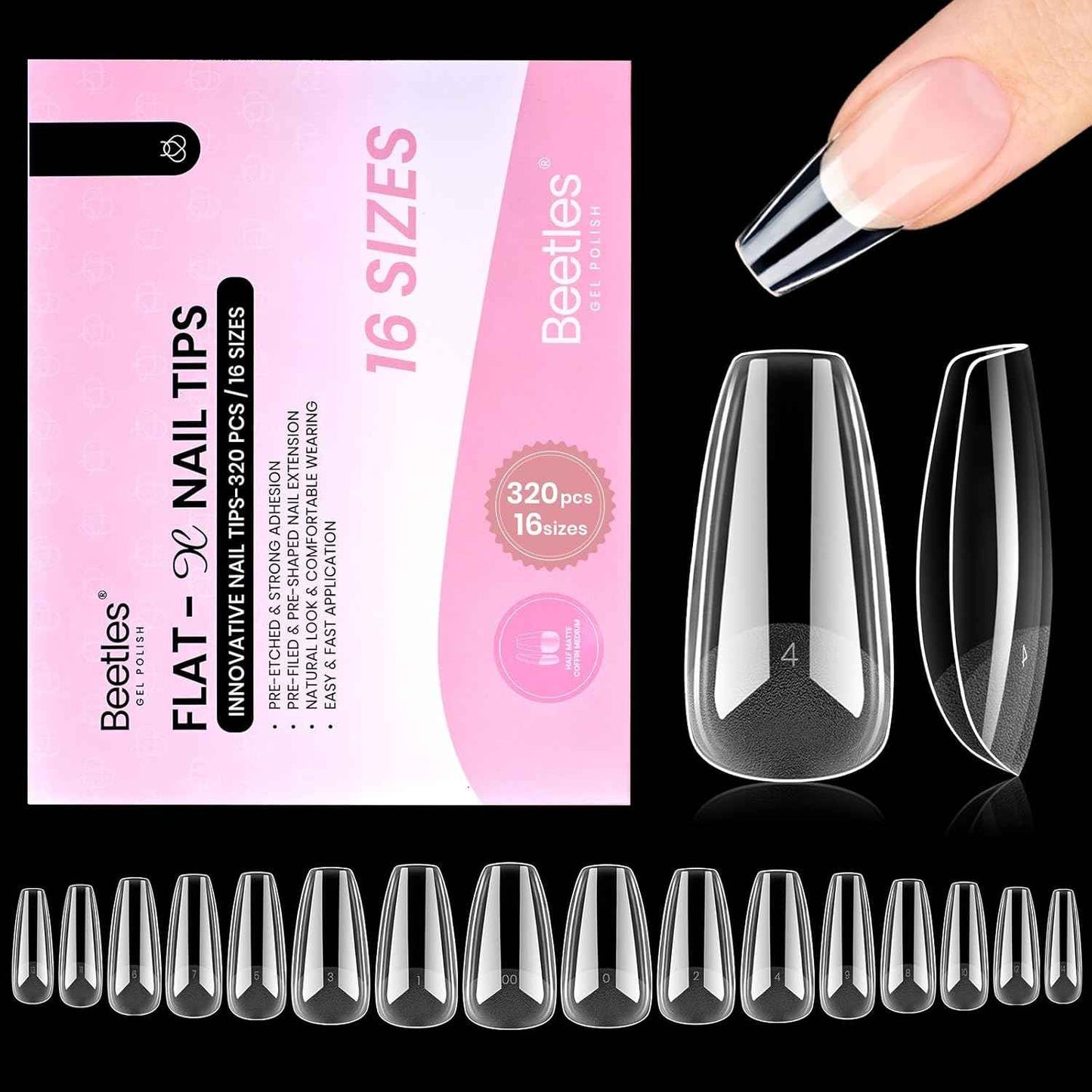 Beetles Gel Nail Tips Flat-X – Clean Coffin Press-On Nails for Intentional Beauty Routines, 16 Pre-Numbered Sizes for a Fuss-Free Custom Fit